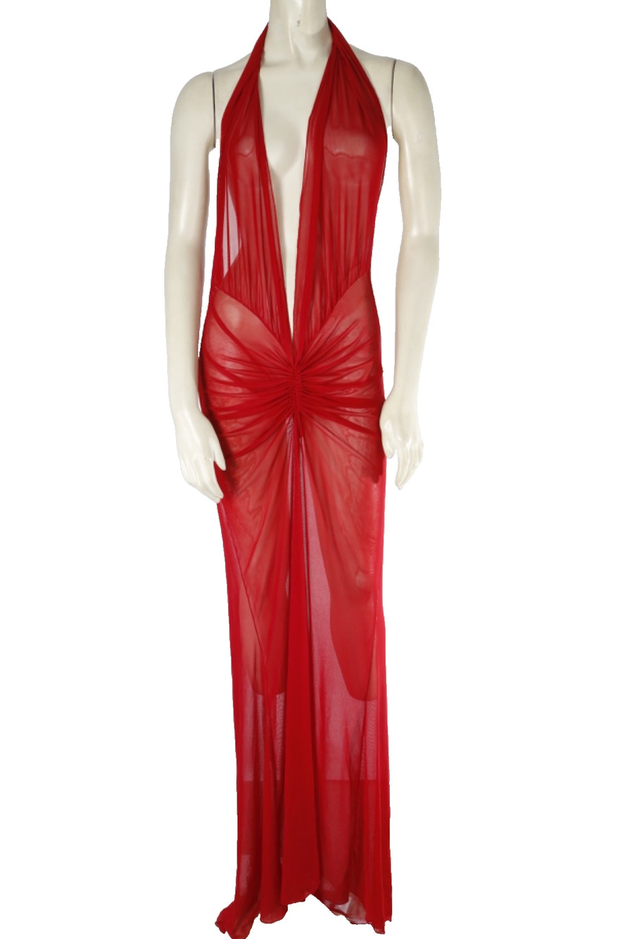 KIM SHUI Red Sheer Stretch Mesh Extreme Plunge Halter Ruched Gown Maxi Dress S